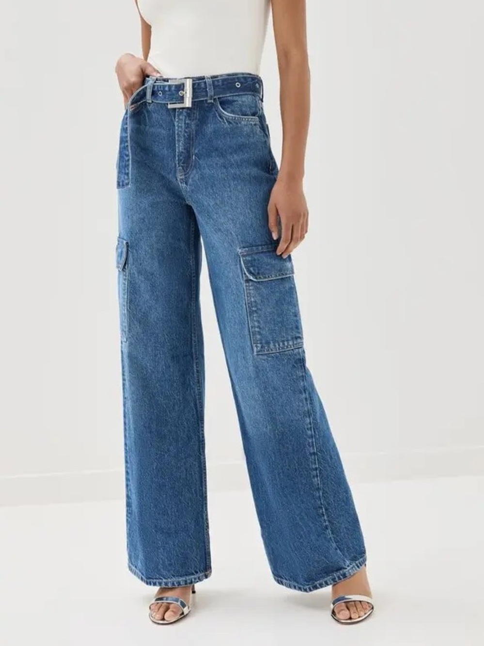 Reformation Wide-Leg Cargo Denim Jeans in Blue